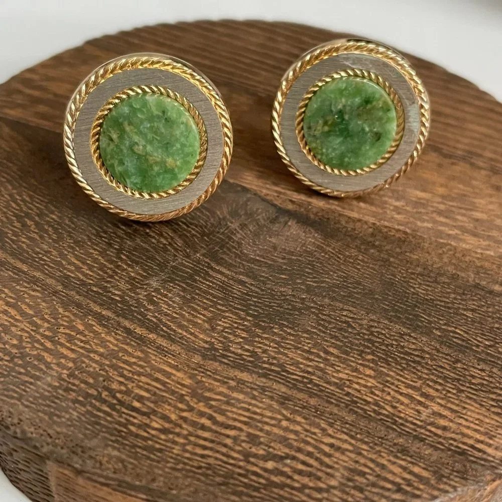 Vintage Green Green Gemstone Gold Tone Cuff Links